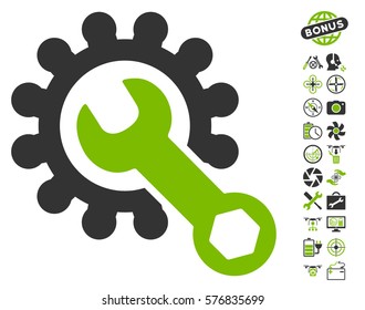 Service Tools icon with bonus airdrone tools graphic icons. Vector illustration style is flat iconic eco green and gray symbols on white background.