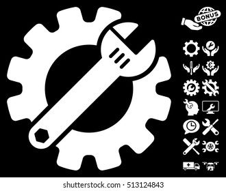Service Tools icon with bonus configuration images. Vector illustration style is flat iconic white symbols on black background.