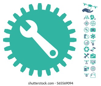 Service Tools icon with bonus copter tools graphic icons. Vector illustration style is flat iconic cobalt and cyan symbols on white background.