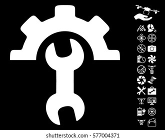 Service Tools icon with bonus copter service pictograph collection. Vector illustration style is flat iconic white symbols on black background.