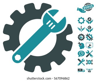 Service Tools icon with bonus tools design elements. Vector illustration style is flat iconic soft blue symbols on white background.