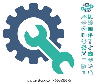 Service Tools icon with bonus drone service symbols. Vector illustration style is flat iconic cobalt and cyan symbols on white background.