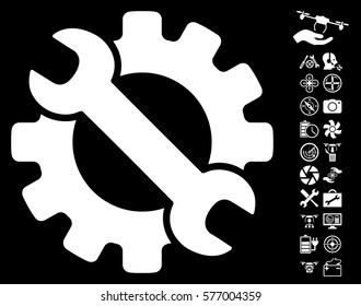 Service Tools icon with bonus flying drone tools pictures. Vector illustration style is flat iconic white symbols on black background.