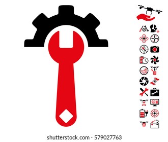 Service Tools icon with bonus flying drone tools icon set. Vector illustration style is flat iconic intensive red and black symbols on white background.