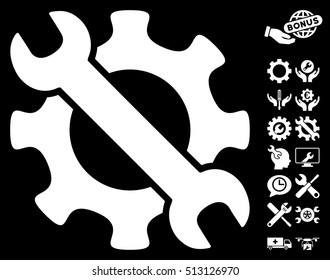 Service Tools icon with bonus options icon set. Vector illustration style is flat iconic white symbols on black background.