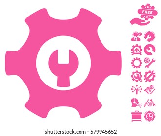 Service Tools icon with bonus options images. Vector illustration style is flat iconic pink symbols on white background.