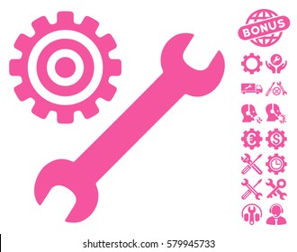 Service Tools icon with bonus options images. Vector illustration style is flat iconic pink symbols on white background.