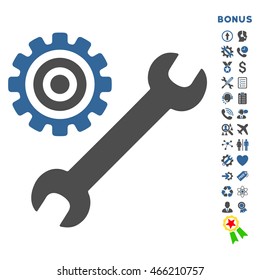 Service Tools icon with bonus pictograms. Vector style is bicolor flat iconic symbol with rounded angles, cobalt and gray colors, white background.