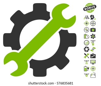 Service Tools icon with bonus quad copter service pictograph collection. Vector illustration style is flat iconic eco green and gray symbols on white background.