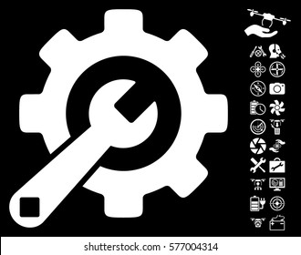 Service Tools icon with bonus quad copter tools pictograph collection. Vector illustration style is flat iconic white symbols on black background.