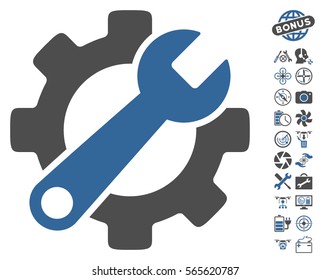 Service Tools icon with bonus quadrocopter service design elements. Vector illustration style is flat iconic cobalt and gray symbols on white background.
