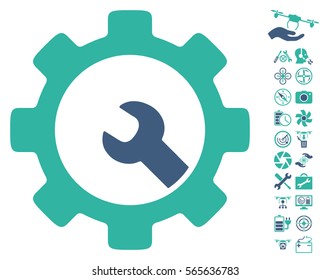 Service Tools icon with bonus quadrocopter tools graphic icons. Vector illustration style is flat iconic cobalt and cyan symbols on white background.