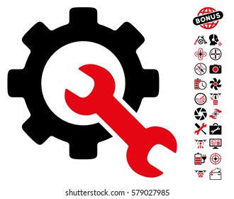 Service Tools icon with bonus quadrocopter service images. Vector illustration style is flat iconic intensive red and black symbols on white background.