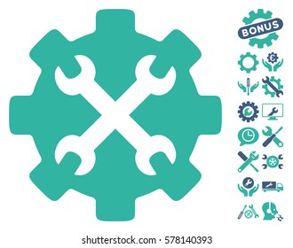 Service Tools icon with bonus service icon set. Vector illustration style is flat iconic cobalt and cyan symbols on white background.
