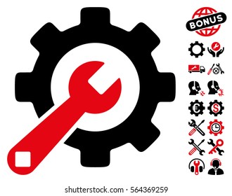 Service Tools icon with bonus settings icon set. Vector illustration style is flat iconic intensive red and black symbols on white background.