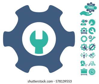 Service Tools icon with bonus settings graphic icons. Vector illustration style is flat iconic cobalt and cyan symbols on white background.