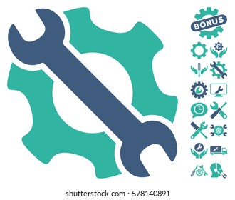 Service Tools icon with bonus settings design elements. Vector illustration style is flat iconic cobalt and cyan symbols on white background.