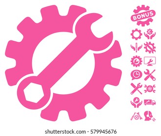 Service Tools icon with bonus settings icon set. Vector illustration style is flat iconic pink symbols on white background.