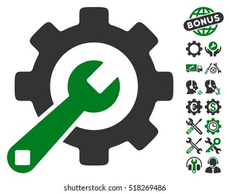 Service Tools icon with bonus setup tools icon set. Vector illustration style is flat iconic green and gray symbols on white background.