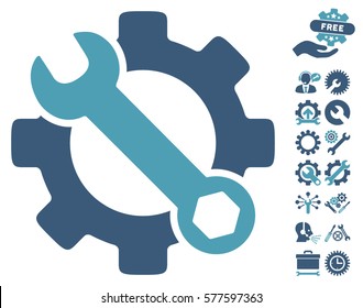 Service Tools icon with bonus setup tools graphic icons. Vector illustration style is flat iconic cyan and blue symbols on white background.