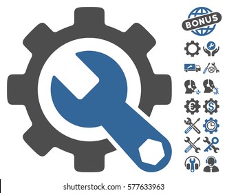 Service Tools icon with bonus setup tools icon set. Vector illustration style is flat iconic cobalt and gray symbols on white background.
