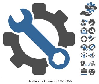 Service Tools icon with bonus setup tools pictures. Vector illustration style is flat iconic cobalt and gray symbols on white background.