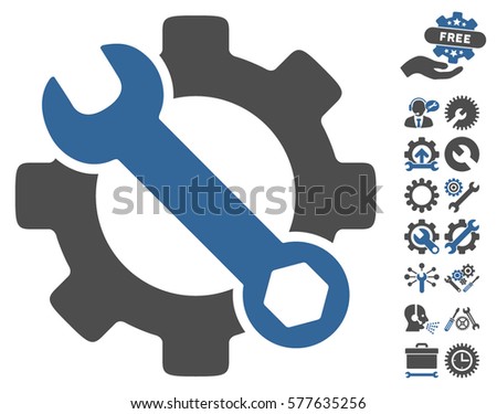 Service Tools icon with bonus setup tools pictures. Vector illustration style is flat iconic cobalt and gray symbols on white background.