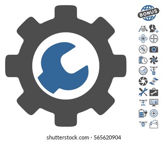 Service Tools icon with bonus uav service pictures. Vector illustration style is flat iconic cobalt and gray symbols on white background.