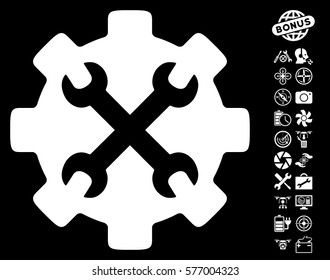 Service Tools icon with bonus uav service images. Vector illustration style is flat iconic white symbols on black background.