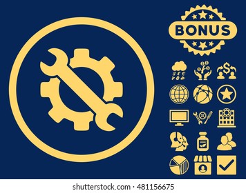 Service Tools icon with bonus. Vector illustration style is flat iconic symbols, yellow color, blue background.