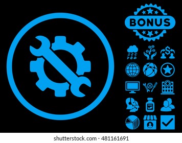 Service Tools icon with bonus. Vector illustration style is flat iconic symbols, blue color, black background.