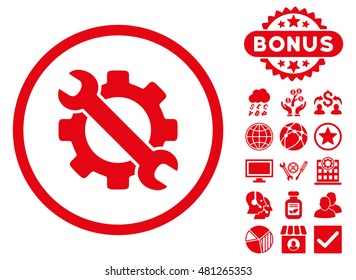 Service Tools icon with bonus. Vector illustration style is flat iconic symbols, red color, white background.
