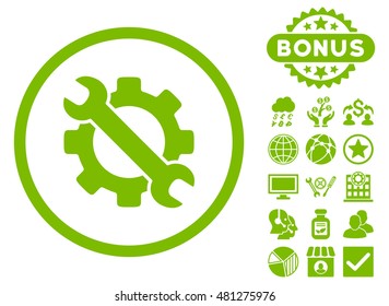 Service Tools icon with bonus. Vector illustration style is flat iconic symbols, eco green color, white background.