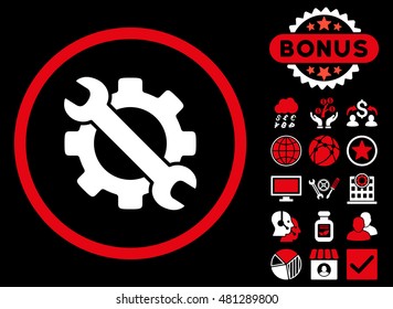 Service Tools icon with bonus. Vector illustration style is flat iconic bicolor symbols, red and white colors, black background.
