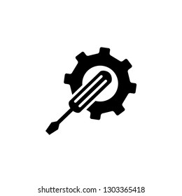 Service Tools Icon In Flat Style For App, UI, Websites. Gear Wheel & Screwdriver Vector Black Icon Illustration.