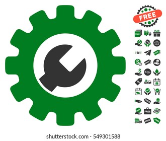 Service Tools icon with free bonus design elements. Vector illustration style is flat iconic symbols, green and gray colors, white background.