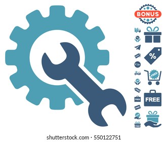 Service Tools icon with free bonus icon set. Vector illustration style is flat iconic symbols, cyan and blue colors, white background.