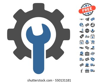 Service Tools icon with free bonus images. Vector illustration style is flat iconic symbols, cobalt and gray colors, white background.