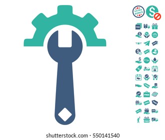 Service Tools icon with free bonus design elements. Vector illustration style is flat iconic symbols, cobalt and cyan colors, white background.