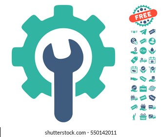 Service Tools icon with free bonus images. Vector illustration style is flat iconic symbols, cobalt and cyan colors, white background.