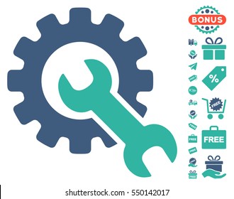 Service Tools icon with free bonus icon set. Vector illustration style is flat iconic symbols, cobalt and cyan colors, white background.