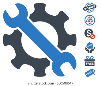 Service Tools icon with free bonus pictures. Vector illustration style is flat iconic symbols, smooth blue colors, white background.