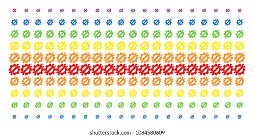 Service Tools icon rainbow colored halftone pattern. Vector objects organized into halftone array with vertical spectral gradient. Constructed for backgrounds, covers,