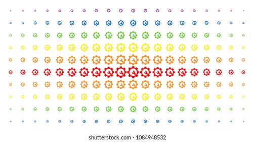 Service tools icon rainbow colored halftone pattern. Vector service tools objects are arranged into halftone grid with vertical spectral gradient. Designed for backgrounds, covers,