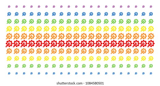 Service Tools icon spectral halftone pattern. Vector objects arranged into halftone grid with vertical rainbow colors gradient. Designed for backgrounds, covers, templates and abstraction effects.
