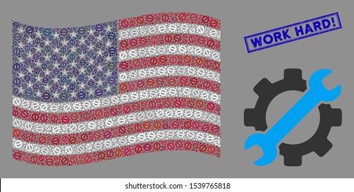 Service tools items are arranged into American flag mosaic with blue rectangle distressed stamp seal of Work Hard! text. Vector collage of American waving state flag is made with service tools items.