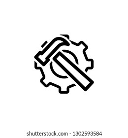Service Tools Line Icon In Flat Style For App, UI, Websites. Gear Wheel & Hammer Vector Black Icon Illustration.
