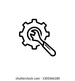 Service Tools Line Icon In Flat Style For App, UI, Websites. Gear Wheel & Wrench Vector Black Icon Illustration.