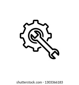 Service Tools Line Icon In Flat Style For App, UI, Websites. Gear Wheel & Wrench Vector Black Icon Illustration.