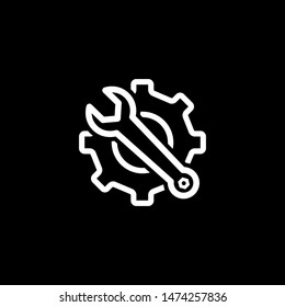 Service Tools Line Icon On Black Background. Gear Wheel & Hammer Black Flat Style Illustration.